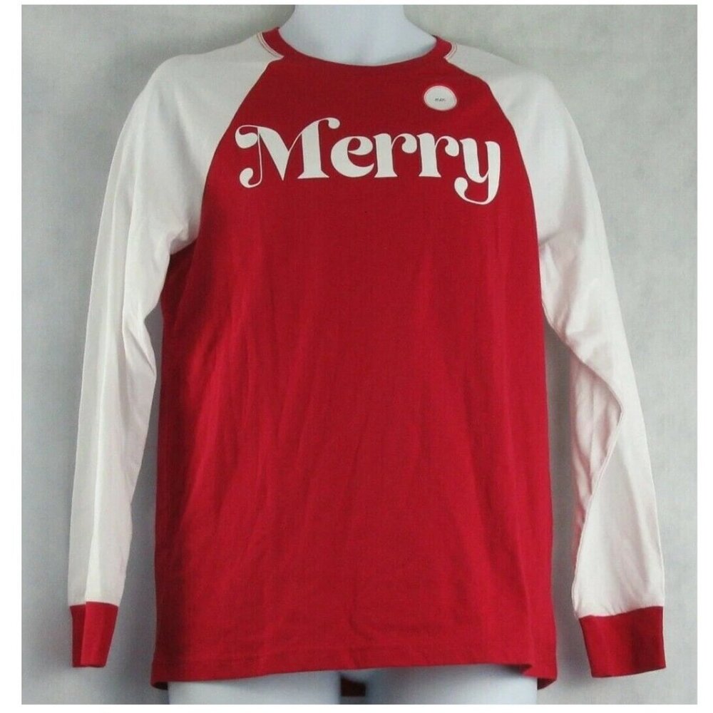 Family Pajamas Men's Long Raglan Sleeve Knit Top, Red Merry Christmas, Small